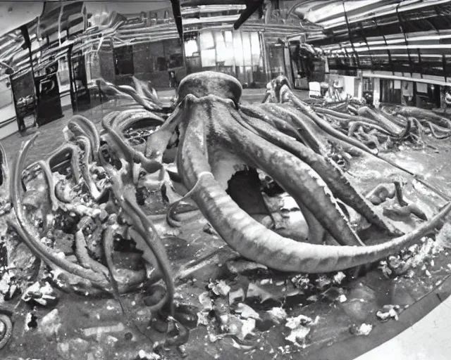 Image similar to camera footage of a extremely aggressive Giant mutated Octopus with glowing white eyes in an abandoned shopping mall, Psychic Mind flayer, Terrifying :7 , high exposure, dark, monochrome, camera, grainy, CCTV, security camera footage, timestamp, zoomed in, Feral, fish-eye lens, Fast, Radiation Mutated, Nightmare Fuel, Wolf, Evil, Bite, Motion Blur, horrifying, lunging at camera :4 bloody dead body, blood on floors, windows and walls :5