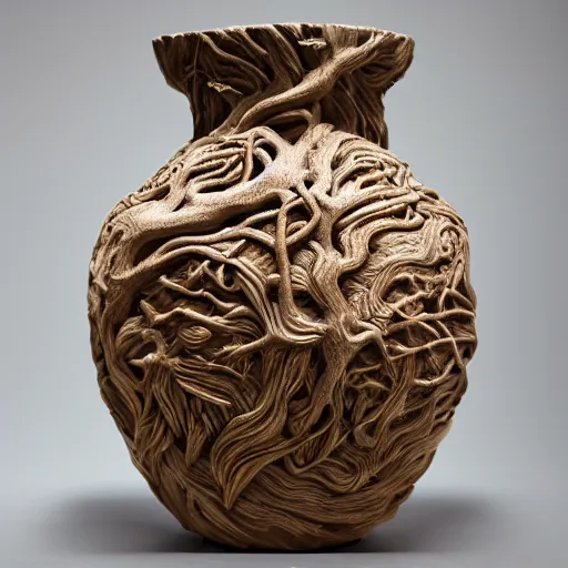 Image similar to the yggdrasil multiverse vase. highly detailed carving on southern ice porcelain, partially glazed, woodfired, 85mm dslr art gallery photo
