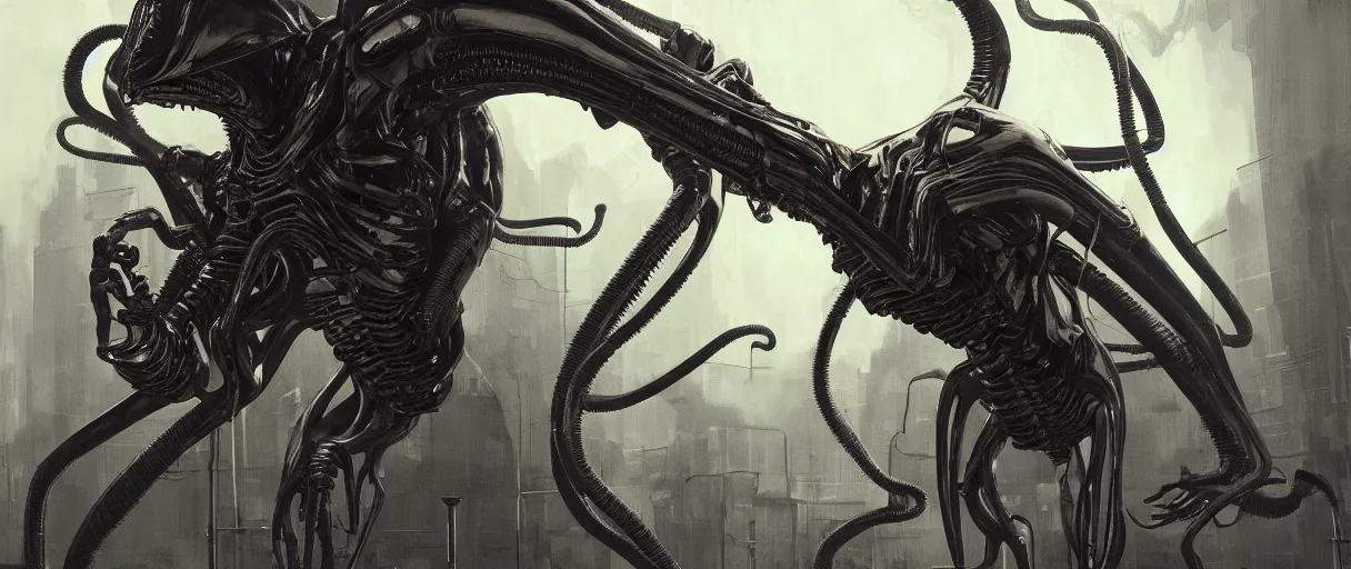 Image similar to duotone noir hyperreal concept illustration of shiny black xenomorph alien machinery by hr giger. cosmic horror atmosphere. cinematic volumentric lighting. by sachin teng and sergey kolesov and ruan jia and heng z. graffiti art, scifi, fantasy, hyper detailed. octane render. trending on artstation