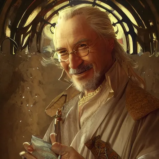 Image similar to patch adams as a cleric, d & d, fantasy, intricate, elegant, highly detailed, digital painting, artstation, concept art, matte, sharp focus, illustration, art by greg rutkowski and alphonse mucha