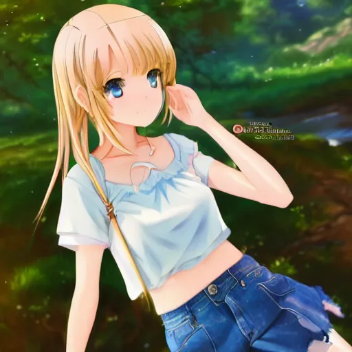 Image similar to a very beautiful anime girl, full body, long golden hair, sky blue eyes, full round face,cute face, short smile, mini jeans skirt, cute top, summer lake setting, cinematic lighting, medium shot, mid-shot, highly detailed, trending on Artstation, Unreal Engine 4k, cinematic wallpaper by Stanley Artgerm Lau, WLOP, Rossdraws, James Jean, Andrei Riabovitchev, Marc Simonetti, and Sakimichan