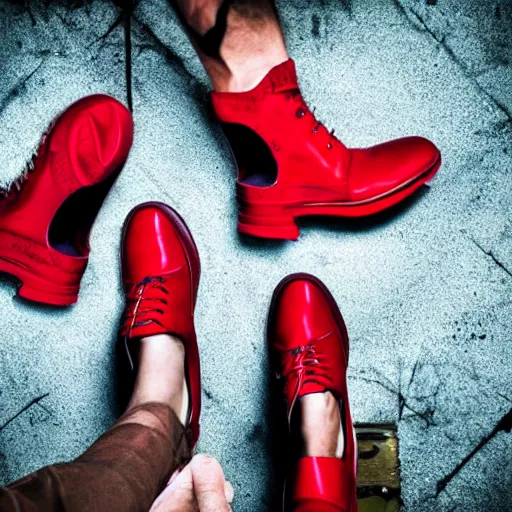 Image similar to 4 people, some guns, reality is collapsing, what the hell is this? red shoes, and some vegan food