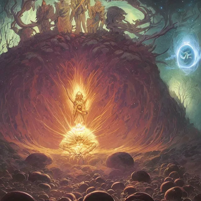 Image similar to a circle of druids conjuring the cosmos into existence by greg rutkowski and frank frazetta and peter mohrbacher and william blake and dan mumford