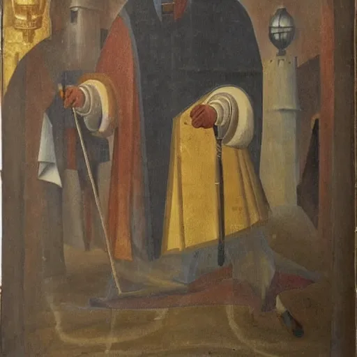 Prompt: painting by remus grecu, i dreamed i saw saint augustine striding through the quarters in the utmost misery, with a blanket underneath his arm, and a coat of solid gold