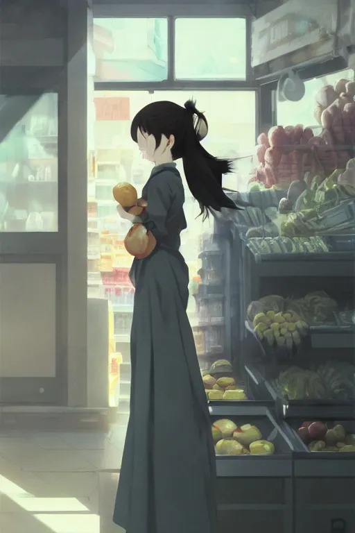 Image similar to a photography of a woman Grocer with frock,looks like Ziyi Zhang ponytail, grocery store around，winter,anime style character, clean soft lighting, backlit beautiful face, Oil painting, by Ilya Kuvshinov, Greg Rutkowski and Makoto Shinkai