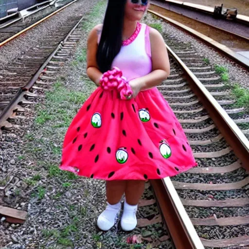 Image similar to hello kitty, wearing a watermelon dress, waiting by the train tracks