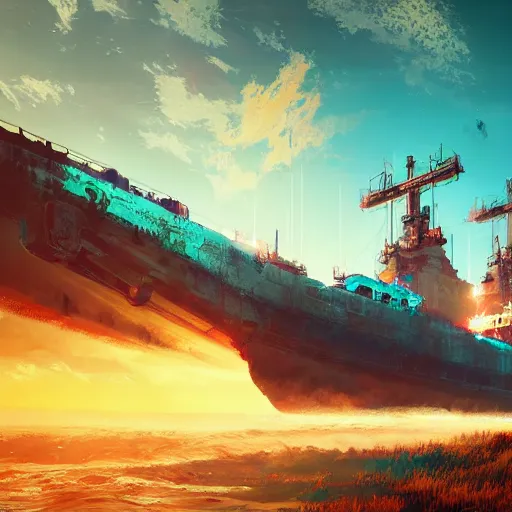 Image similar to soviet white cargo ship of horizon forbidden west horizon zero dawn bioluminiscence global illumination ray tracing hdr fanart arstation by ian pesty and alena aenami artworks