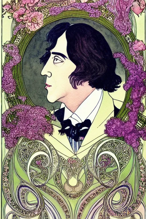 Image similar to realistic profile portrait of oscar wilde in the center of an ornate floral frame looking into a mirror, detailed art by kay nielsen and walter crane, illustration style, watercolor