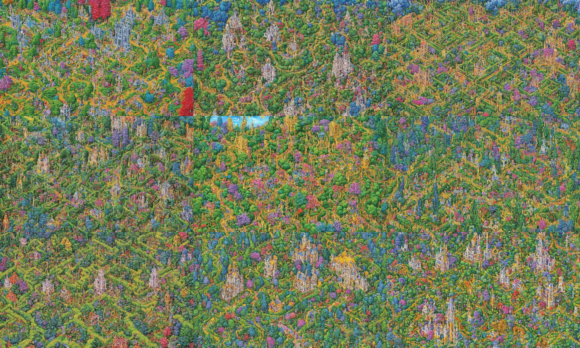 Prompt: an incredibly detailed masterpiece painting of a hedge maze by bosch and Lisa frank, ornate, detailed, high resolution, wow!, intricate