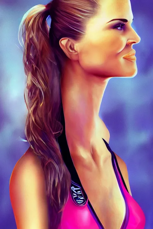 Image similar to mix of beautiful young maria shriver, mariel hemmingway, brooke shields, nicole kidman and elle macpherson as a zumba instructor, thin lips, hair tied up in a pony tail, dark blonde hair, colorful, artstation, cgsociety