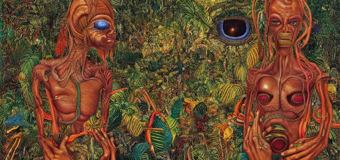 Prompt: very high resolution image from a new movie. a beautiful tropical landscape, portrait of an alien. 2 4 mm, photorealistic, photography, directed by mati klarwein