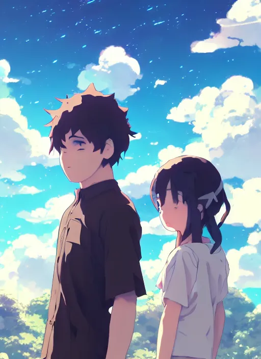 Prompt: boy and girl in jk, having data under sky, illustration concept art anime key visual trending pixiv fanbox by wlop and greg rutkowski and makoto shinkai and studio ghibli