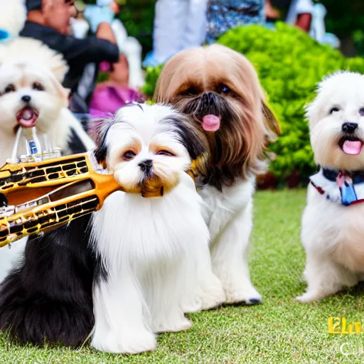 Prompt: a cream-colored Havanese dog and shih tzu dog playing in a mariachi band, at fiesta in Mexico, Leica 35mm, 4K