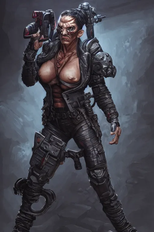 Image similar to gina carano as a shadowrun ork with prothesis metallic left arm, tusk, casual black clothing, muscular, realistic proportions, casual pose, large portrait, sci - fi, rpg character, digital painting, artstation, concept art, smooth, 8 k frostbite 3 engine, ultra detailed, art by artgerm and greg rutkowski and magali villeneuve