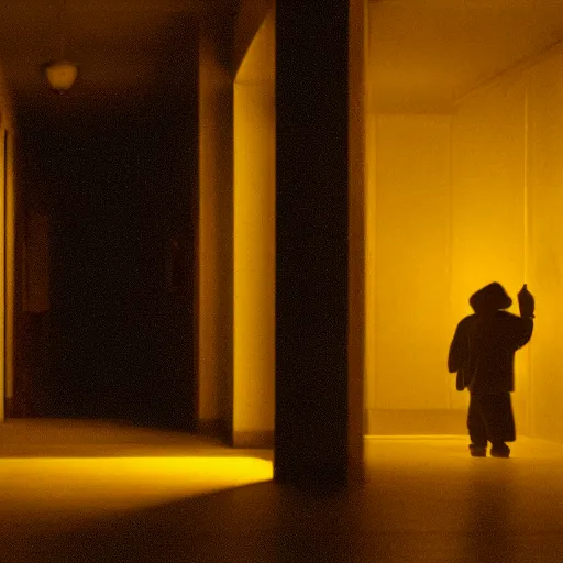 Image similar to A grotesque monster is standing in a yellow dimly lit hallway, cinematic film still.