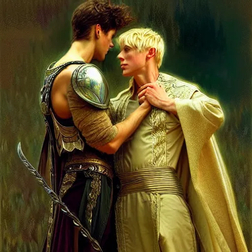 Image similar to stunning arthur pendragon in love with stunning male merlin the mage. they are close to each other. highly detailed painting by gaston bussiere, craig mullins, j. c. leyendecker