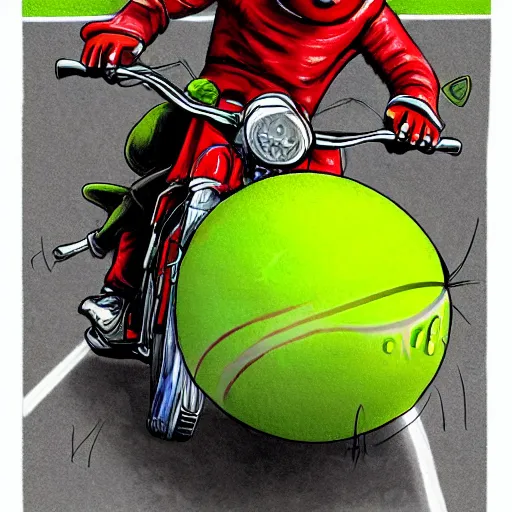 Image similar to a tennis ball monster on a motorcycle harley davidson on a tennis court, digital art, fantasy, magic, chalk, trending on artstation, ultra detailed, professional illustration by basil gogos