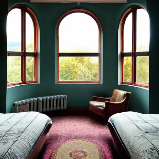 Prompt: a art nouveau bedroom with a circular window and wall with warms tones, highly detailed, photo, wood columns