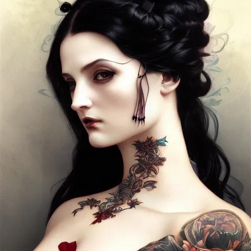 Prompt: portrait of a sexy goth tattooed woman, intricate, elegant, highly detailed, digital painting, artstation, concept art, smooth, sharp focus, illustration, art by artgerm and greg rutkowski and alphonse mucha and william - adolphe bouguereau