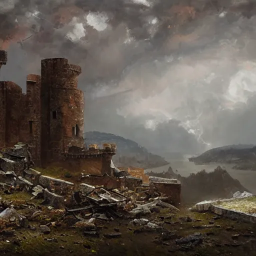 Image similar to Panorama view at broken parts of a castle that are caught in a hurricane, oil painting, by Greg Rutkowski