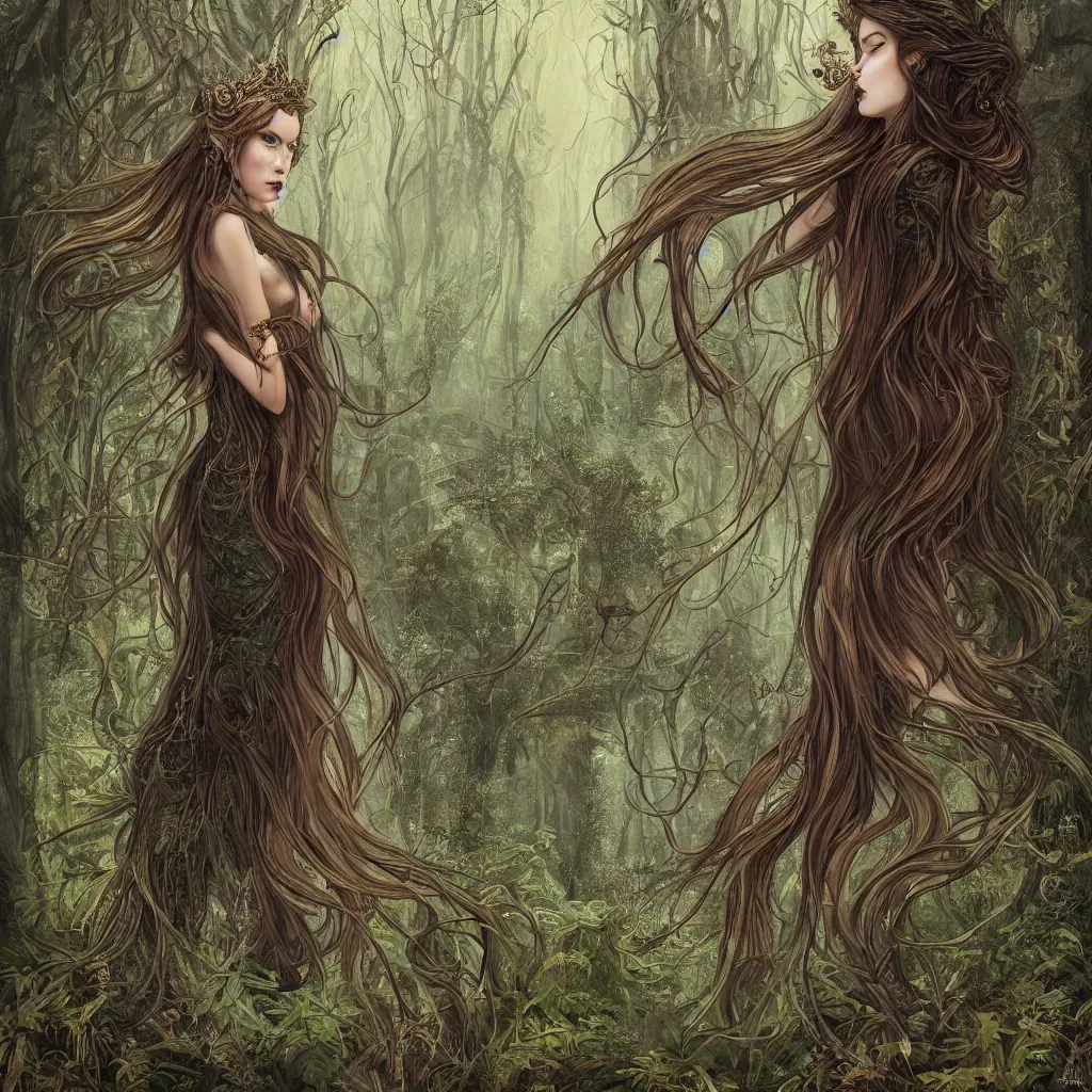 Prompt: full body portrait of a ferocious forest queen with extremely long amber hair, wearing an ornate mirror shard dress, standing on the mossy ground in a massive forest, inky black night with eerie floating muted lights, in the style of anna dittman, faiza maghni, laura rubin, wlop, artgerm, jeremy mann