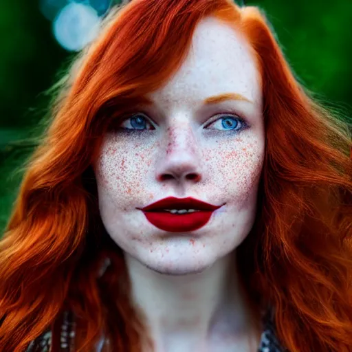 Image similar to close up hald face portrait photograph of a redhead woman with stars in her irises, deep red lipstick and freckles. Wavy long hair. she looks directly at the camera. Slightly open mouth, face covers half of the frame, with a park visible in the background. 135mm nikon. Intricate. Very detailed 8k. Sharp. Cinematic post-processing. Award winning portrait photography