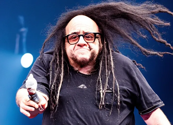 Image similar to publicity photo still of danny devito touring with korn live on stage, 8 k, live concert lighting, mid shot