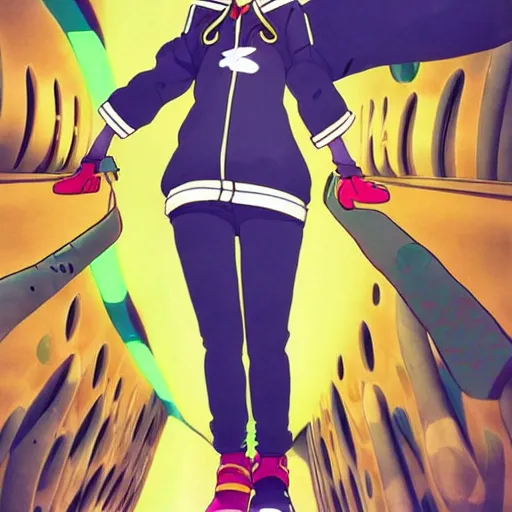 Image similar to anime girl with very large beret, cel - shading, 2 0 0 1 anime, flcl, jet set radio future, golden hour, underground facility, underground tunnel, pipes, rollerbladers, rollerskaters, cel - shaded, jsrf, strong shadows, vivid hues, y 2 k aesthetic