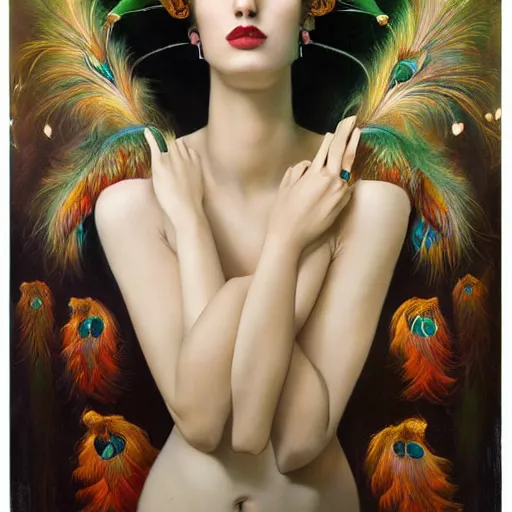 Prompt: dynamic composition, a painting of a woman with green eyes and ((hair made of peacock plummage)), a surrealist painting by Tom Bagshaw and Jacek Yerga and Tamara de Lempicka and Jesse M. King, featured on cgsociety, pop surrealism, surrealist, wiccan, pre-raphaelite, ornate gilded details