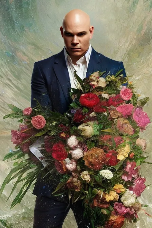 Prompt: portrait pitbull mr. worldwide holding a bouquet of flowing flowers, drenched body, wet dripping, hands hidden under the bouquet, emerging from the water, fantasy, regal, intricate, by stanley artgerm lau, greg rutkowski, thomas kindkade, alphonse mucha, loish, norman rockwell