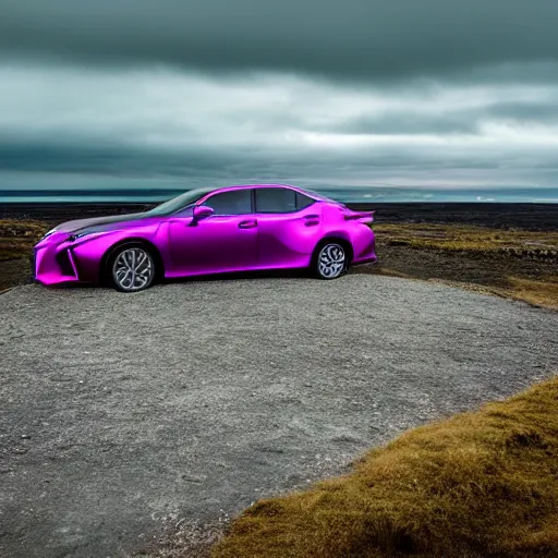 Prompt: a new lexus standing at the edge of a cliff in iceland, surrounded by magenta neon lines, moody sky