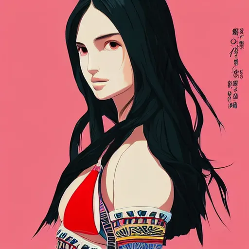 Image similar to a beautiful young japanese natalie portman alluring gravure model, stylized concept art, wearing elegant designer bomber jacket and one piece bikini, bomber jacket with mesoamerican patterns, mesoamerican native street fashion, princess mononoke, painted by ilya kuvshinov aesthetic, gorgeous, stunning, alluring, attractive, artstation, pinterest, digital art