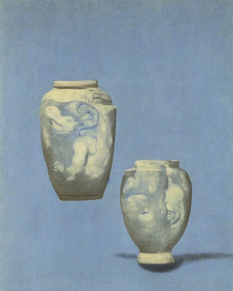 Prompt: achingly beautiful print of solitary painted ancient greek vase on baby blue background by rene magritte, monet, and turner. symmetrical.