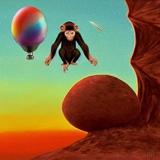 Prompt: a hybrid of monkey with an extraterrestrial, landing in mars in a multi color hot air balon, by francis bancon