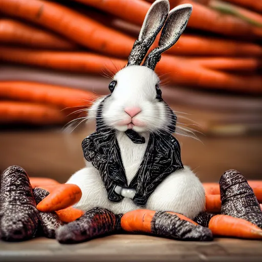 Image similar to hasidic rabbit sitting on pile of carrots intricate detail, finely detailed, small details, extra detail, photorealistic, high resolution, vray, hdr, hyper detailed, insane details, intricate, elite, ornate, elegant, luxury, dramatic lighting, octane render, weta digital, micro details, 3 d sculpture