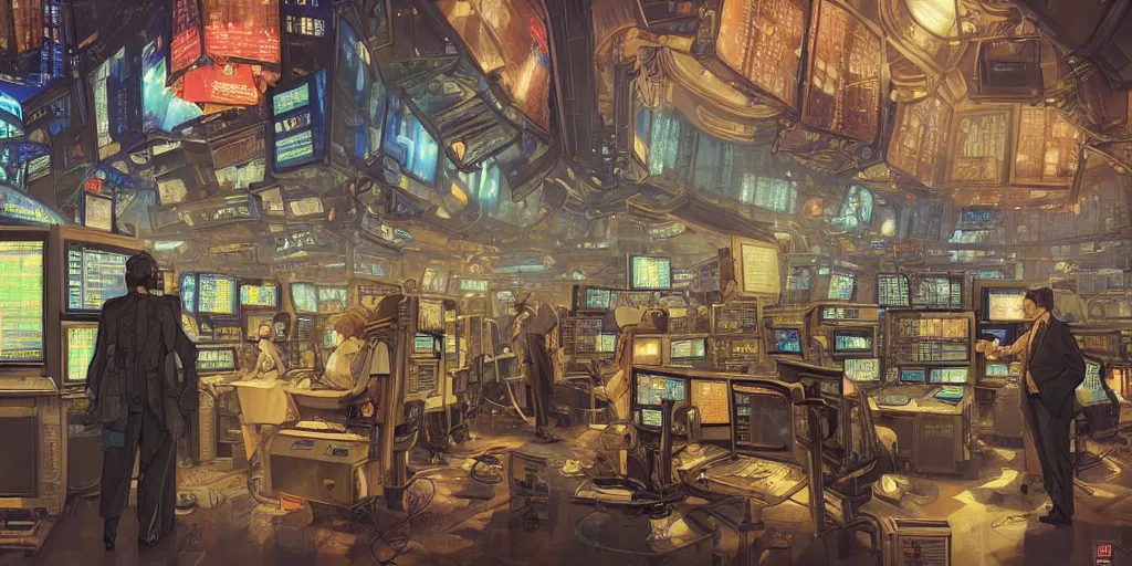 Prompt: beautiful schematic of traders in the new york stock exchange, by paul lehr and mark kolobaev and artgerm, dieselpunk, highly detailed, intricate, studio ghibli color scheme, masterpiece