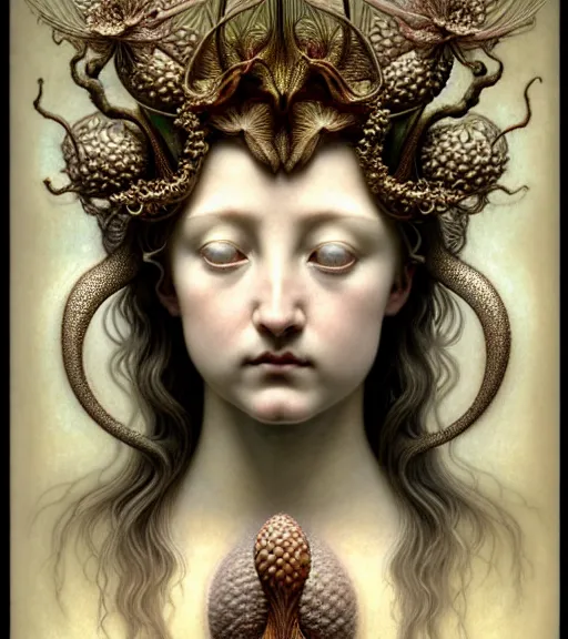 Image similar to beautiful young orchid fairy detailed realistic porcelain face portrait by jean delville, gustave dore, iris van herpen and marco mazzoni, art forms of nature by ernst haeckel, art nouveau, symbolist, visionary, gothic, neo - gothic, pre - raphaelite, fractal lace, intricate alien botanical biodiversity, surreality, hyperdetailed ultrasharp octane render