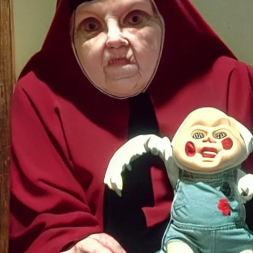 Image similar to a nun in church holding chucky the evil looking killer doll on her lap