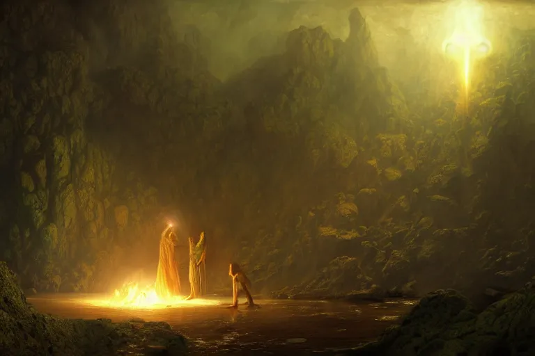 Prompt: Summoning of Adremmalech, from golden abyss, illustration, chaotic, lush, desire, mist, star child, uranium glow background, disintegration, volumetric lighting, soft lighting, soft details, painting oil on canvas by Edmund Blair Leighton and charlie bowater octane render, HDR, trending on artstation, 4k, 8k, HD