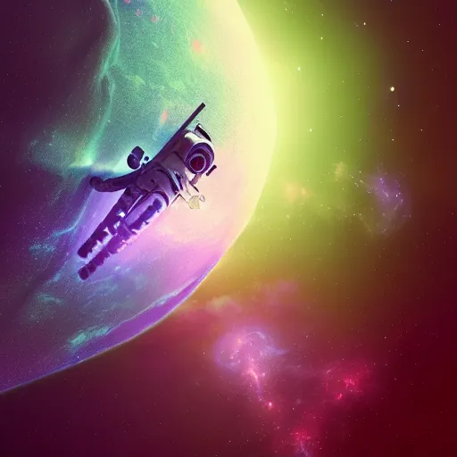 Image similar to an astronaut flying through a space nebula, planet close, intricate artwork by tooth wu and wlop and beeple, octane render, hyper realism, 8 k