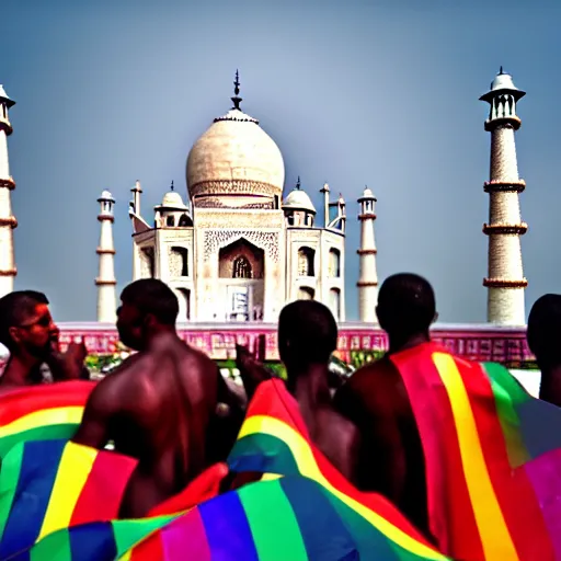 Image similar to photo of crowd of men wearing leather clothes with rainbow flags dancing at ( ( ( ( taj mahal ) ) ) ), well framed, sharp focus, 8 k, beautiful, award winning photo, highly detailed, intricate, centered, soft clouds