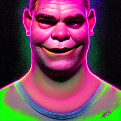 Image similar to neon portrait of shrek, highly detailed, digital painting, artstation, concept art, sharp focus, illustration, art by greg rutkowski and alphonse mucha