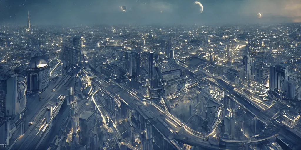 Image similar to cinematic shot of a cityscape futuristic antigravity saint petersburg city in the moon, russian orbit city, telephoto, golden mood, iconic scene from the paranoid thriller sci fi film directed by stanley kubrick, anamorphic cinematography, beautiful composition, color theory, leading lines, photorealistic, moody volumetric lighting