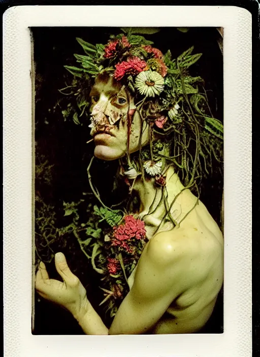 Image similar to beautiful and detailed rotten woman made of plants and many different types of flowers, muscles, intricate, organs, ornate, surreal, john constable, guy denning, gustave courbet, caravaggio, romero ressendi 1 9 1 0 polaroid photo