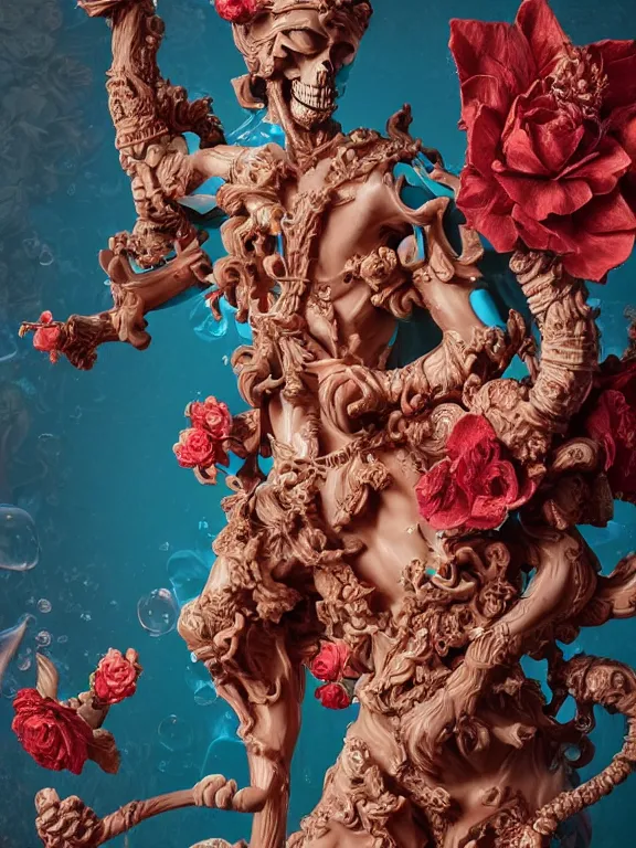 Prompt: a man with many big flowers birds baroque elements pipes bones in the form of a wax liquid voxel sculpture Bastet. bubbling red wax, super hero pose, skull, flowers, baroque. intricate. Trending on artstation. octane render, cinematic, hyper realism, octane render, 8k, depth of field, bokeh. iridescent accents. vibrant. teal and gold and red colour scheme