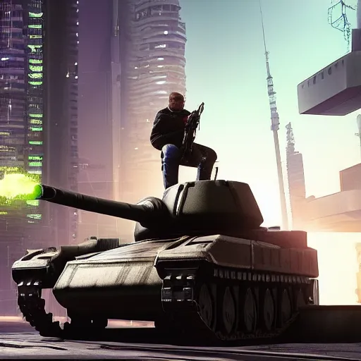 Prompt: a cyberpunk tank in the middle of a cyberpunk street cyberpunk man standing next to the tank and holding a weapon photo - realistic