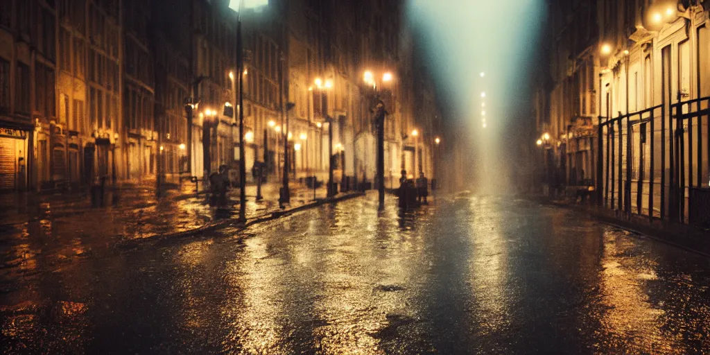 Image similar to street of paris photography, night, rain, mist, cinestill 8 0 0 t, in the style of william eggleston