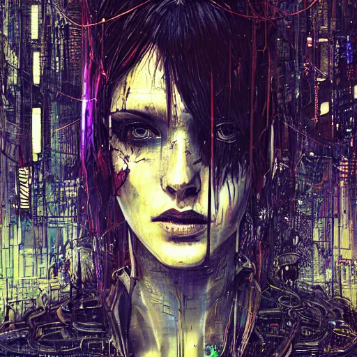 Prompt: woman from blade runner joi, beautiful sexy woman head made of mech mask rendered in unreal engine, cyberpunk, dark, scifi, dark cyberntic wires and vessels coming from core processor, contrast, painted by david burliuk | bernard buffet | carne griffiths | stanislaw lem