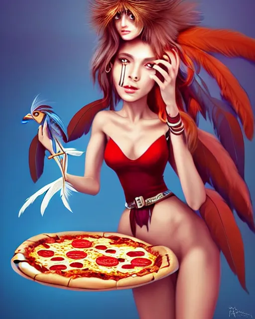 Prompt: ! dream cute female harpy as a pizza delivery woman, with feathery bird arms and talon bird feet, holding a cardboard pizza box. feathers for hair, cute, cinematic character design, stunning, highly detailed digital painting, artstation, stylized urban fantasy artwork, by artgerm and paul robertson