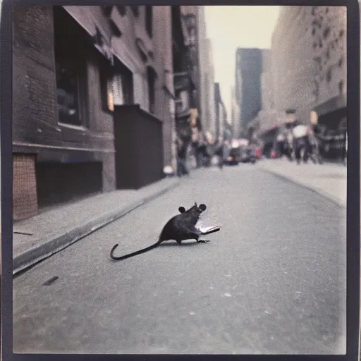 Image similar to wide-shot very low-angle eyesight photo of a rat at the street in New York, polaroid photo, by Andy Warhol, signed